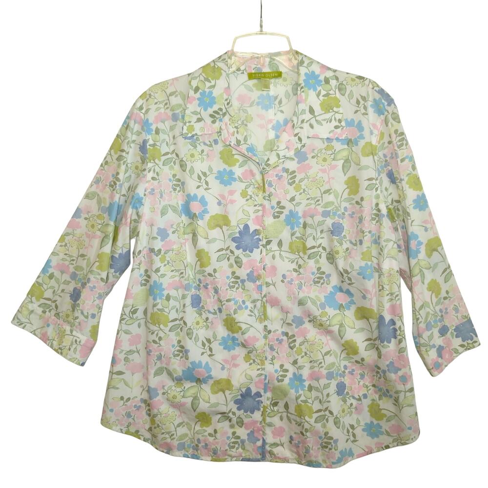 1X Sigrid Olsen Top Flower Buttons Blouse Cotton Shirt Pastel Grandma Cottage